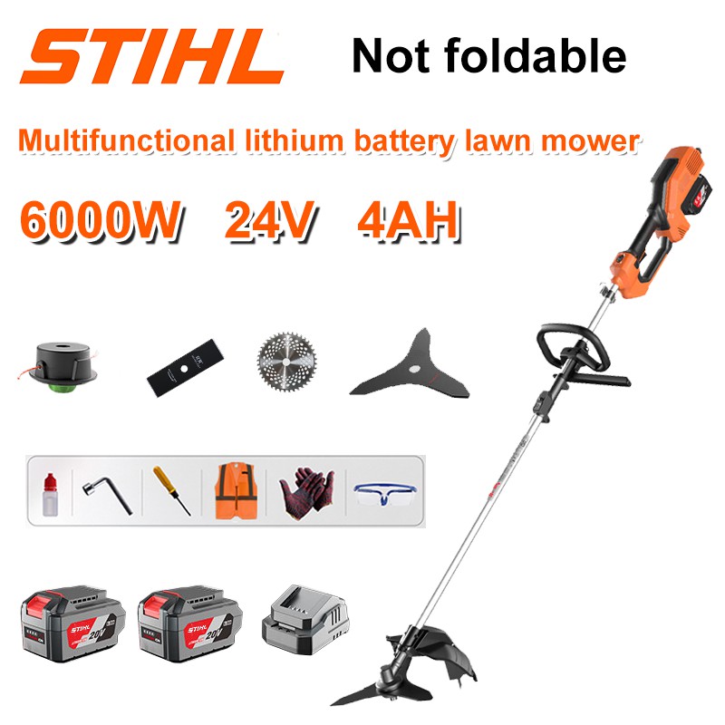 6000W brezkrtačna kosilnica + 48V/4AH litijeva baterija * 2 + list krožne žage + list ravne žage + disk za pletje + vrv za pletje * 20 + originalni polnilnik + ostali dodatki + desetletna garancija
