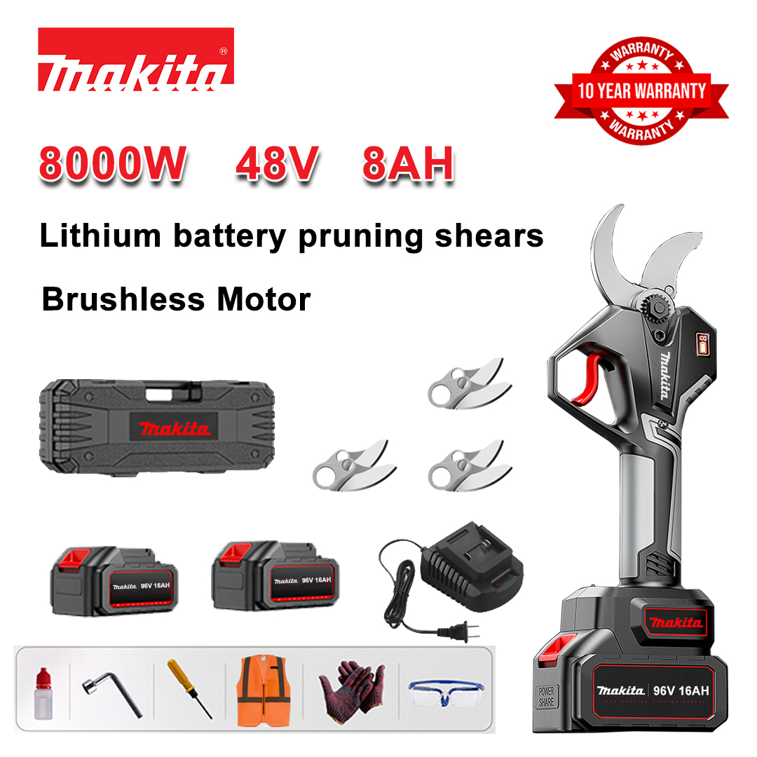 8000W brezkrtačne škarje za obrezovanje z litijevo baterijo + 48V8Ah baterija * 2 + rezilo iz zlitine sk9 * 3 + polnilnik + LED zaslon napajanja + škatla z orodjem + mazalno olje + zaščitna očala + 10-letna garancija