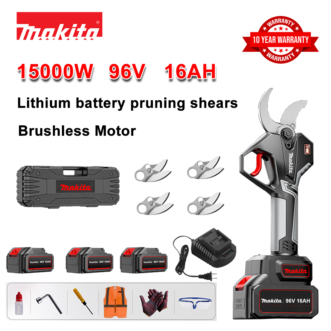 15000W brezkrtačne škarje za obrezovanje z litijevo baterijo + 96V16Ah baterija * 3 + rezilo iz zlitine sk9 * 4 + polnilnik + LED zaslon napajanja + škatla z orodjem + mazalno olje + zaščitna očala + 10-letna garancija