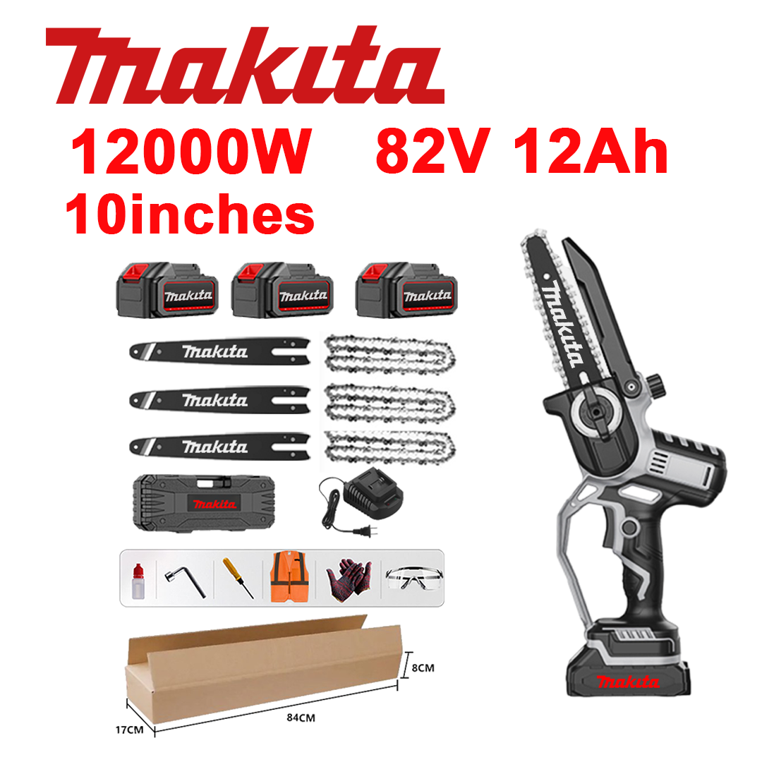 10-palčna brezkrtačna litij-ionska verižna žaga, moč 12.000 W, 82 V 12,0 Ah baterija*3, polnilnik, meč*3, veriga*3, škatla z orodjem, mazalno olje in zaščitna očala, petletna garancija