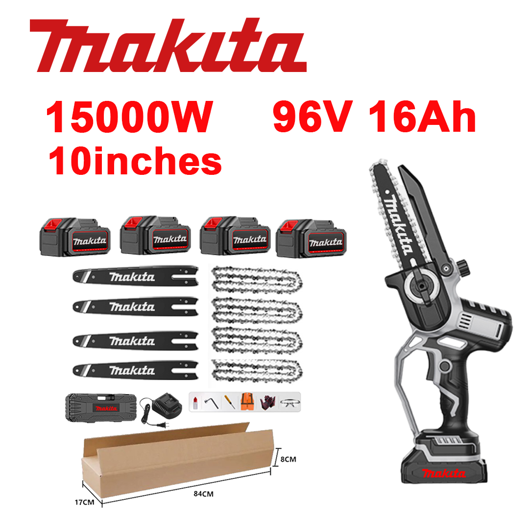 10-palčna brezkrtačna litij-ionska verižna žaga, moč 15.000 W, 96 V 16,0 Ah baterija*4, polnilnik, meč*4, veriga*4, škatla z orodjem, mazalno olje in zaščitna očala, petletna garancija