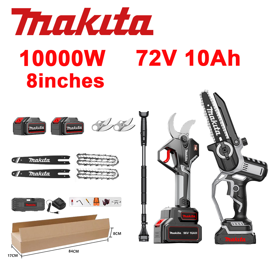 LED indikator napajanja (življenjska doba baterije: 10 ur). 8-palčna 10.000 W litij-ionska verižna žaga + škarje za obrezovanje + 72 V 10,0 Ah bateriji*2 + polnilnik + vodilne palice*2 + verige*2 + rezila iz zlitine SK9*2 + teleskopska palica*1 (teleskopska 150 cm–450 cm) + škatla za orodje + mazalno olje + zaščitna očala, 10-letna garancija.