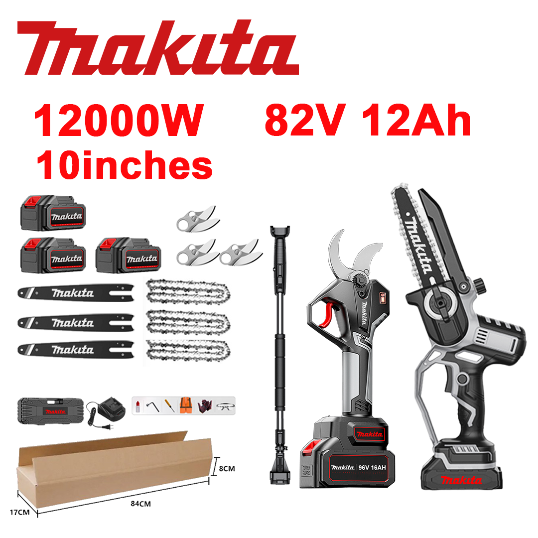 LED indikator napetosti (življenjska doba baterije: 18 ur). 10-palčna 12.000 W litij-ionska verižna žaga + škarje za obrezovanje + 82 V 12,0 Ah baterije*3 + polnilnik + meči*3 + verige*3 + rezila iz zlitine SK9*3 + teleskopska palica*1 (teleskopska od 150 cm do 450 cm) + škatla za orodje + mazalno olje + zaščitna očala, 10-letna garancija.
