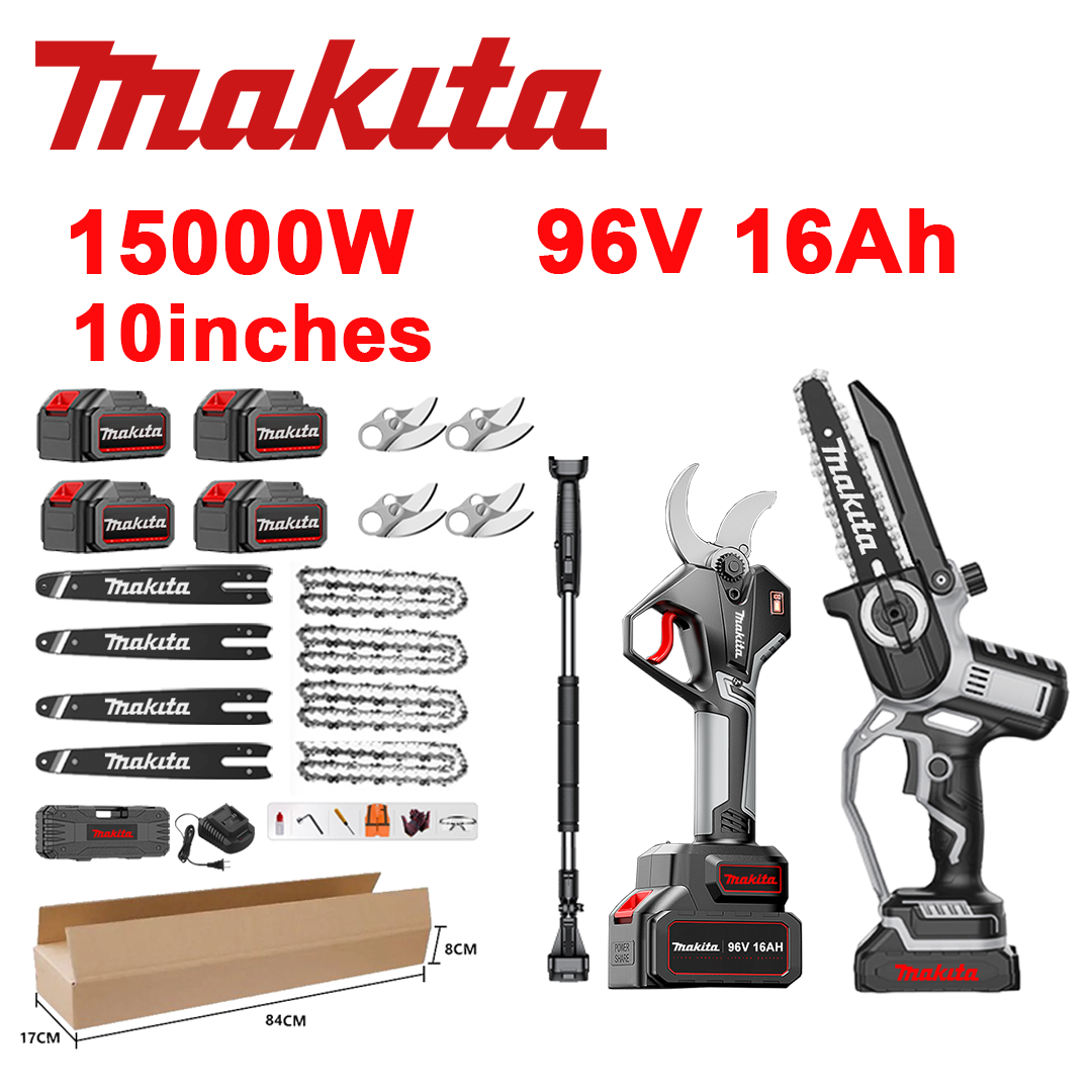 LED indikator napetosti (življenjska doba baterije: 36 ur). 10-palčna 15.000 W litij-ionska motorna žaga + škarje za obrezovanje + 96 V 16,0 Ah baterije*4 + polnilnik + vodilne palice*4 + verige*4 + rezila iz zlitine SK9*4 + teleskopska palica*1 (raztegljiva od 150 cm do 450 cm) + škatla za orodje + mazalno olje + zaščitna očala, 10-letna garancija.