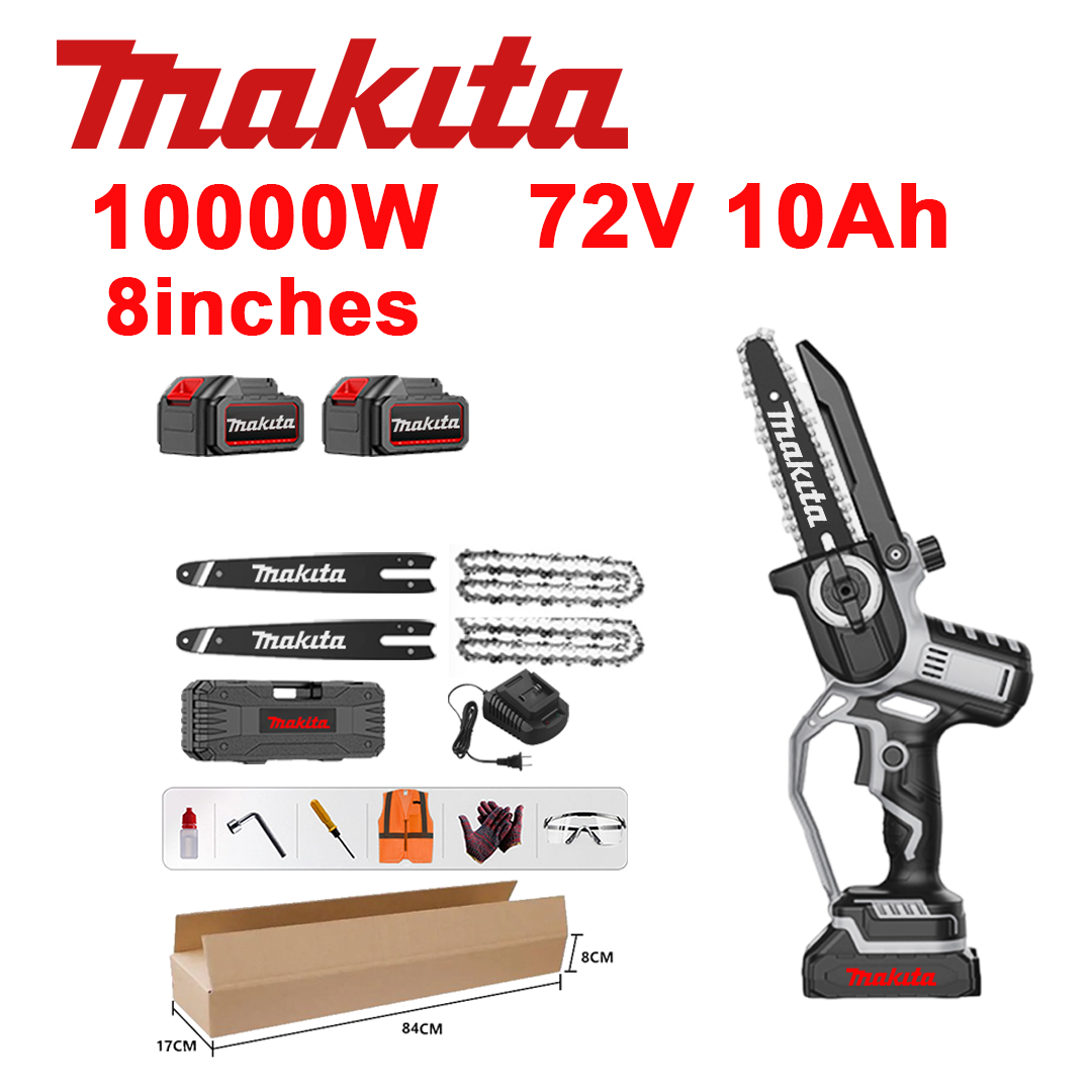 10-palčna brezkrtačna litij-ionska verižna žaga, 10.000 W, 2 x 72 V 10,0 Ah bateriji, polnilnik, 2 vodilni meči, 2 verigi, škatla z orodjem, mazalno olje in zaščitna očala, petletna garancija